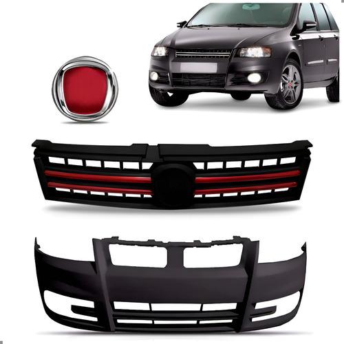 Kit Parachoque Grade Vermelha Diant. Para Stilo 2008 A 2011 Preto