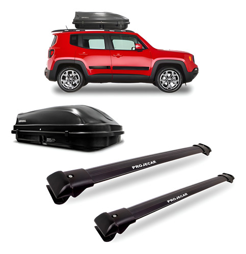 Kit Travessa Jeep Renegade Preto + Bau 510 Litros Maleiro Preta