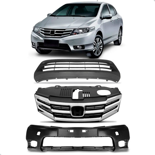 Parachoque Para Honda City 2012 A 2014 C/ Grades Sup. E Inf. - Preto