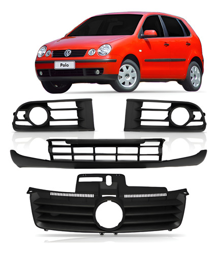 Kit Grade Polo 03 A 06 Superior + Spoiler + Molduras C/ Furo Preto