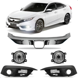 Friso Cromado Grade Para Civic 2017 A 2019 + Kit Farol Milha Cromado