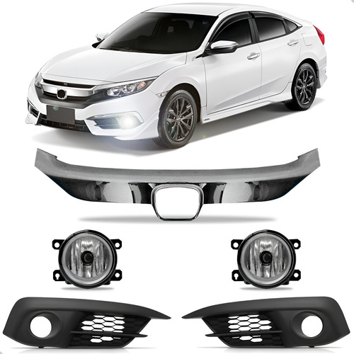 Friso Cromado Grade Para Civic 2017 A 2019 + Kit Farol Milha Cromado
