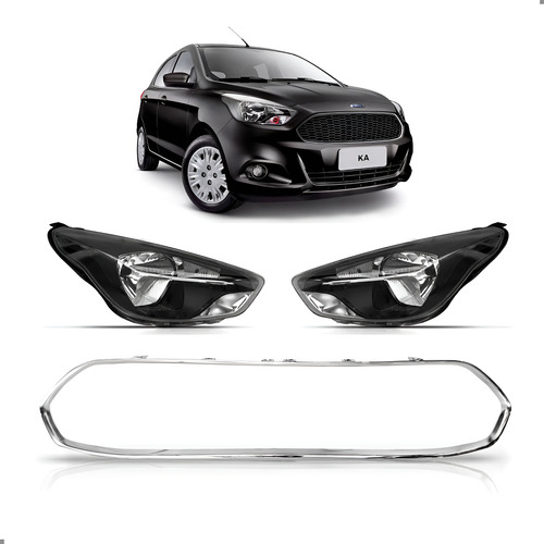 Kit Par Farol Ka 2015 A2018 Mascara Negra Com Friso Cromado Ambos Lados