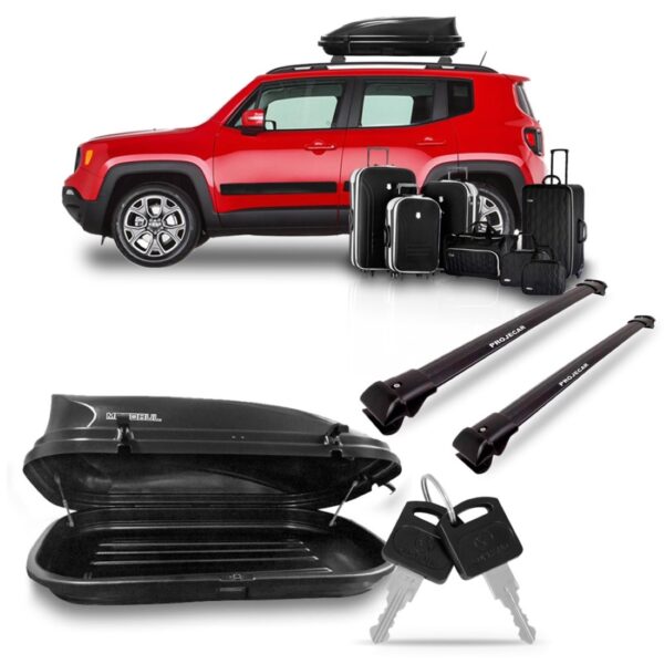 Kit Travessa Jeep Renegade Preta Com Bau Maleiro 350 Litros Preto