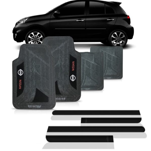 Frisos Laterais Para Nissan March (todos) + Jogo Tapetes Preto