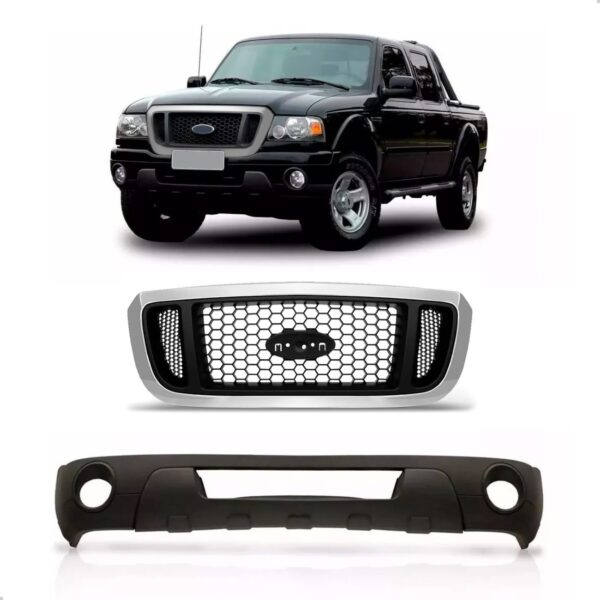 Kit Spoiler E Grade Cromada Para Pickup Ranger 2005 A 2009 Preto