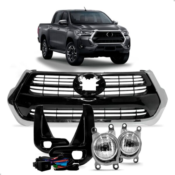Kit Grade Cromada + Kit Milha Hilux 2021 2022 2023 2024 Preto