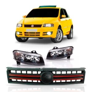Kit Faróis Stilo 2008 A 2012 Fumê + Grade Friso Vermelho Preto Fosco