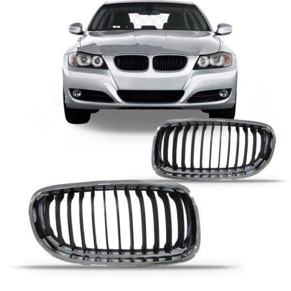 Par Tela Frontal Radiador 320 09/12 Cromada Com Friso Preto Preto