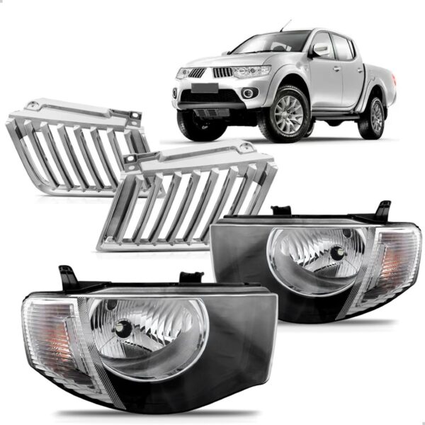Kit Par Farol + Par Grade Cromada L200 Triton 2007 Até 2010