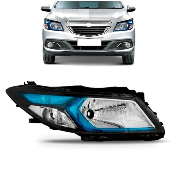 Farol Onix Prisma 2013 2014 2015 2016 Cromado Máscara Azul Lado Direito