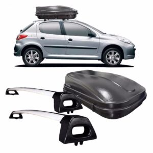 Bagageiro Peugeot 207 Prata + Baú Maleiro 510 Litros Preto Preto