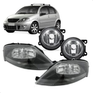 Kit Combo C3 Black 03 A 12 Par Farol Mascara Negra E Milha Direito E Esquerdo