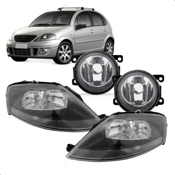 Kit Combo C3 Black 03 A 12 Par Farol Mascara Negra E Milha Direito E Esquerdo