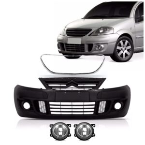 Kit Parachoque C3 08 A 12 C/ Friso Cromado E Par Farol Milha Preto