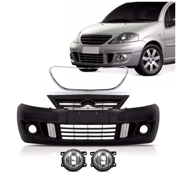 Kit Parachoque C3 08 A 12 C/ Friso Cromado E Par Farol Milha Preto