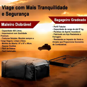 Kit Bagageiro Maleiro Teto Dobrável 380 L + Rack Gradeado