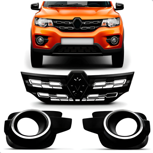 Tela Frontal Kwid 2017 A 2022 C/ Frisos E Moldura Cromada Preto