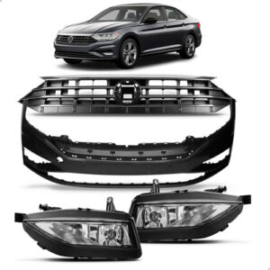 Kit Jetta 2019 A 2022 Parachoque + Grade Cromo E Par Milha Preto