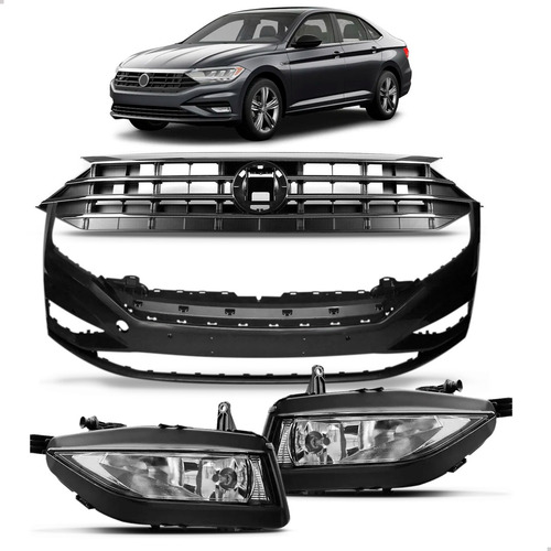 Kit Jetta 2019 A 2022 Parachoque + Grade Cromo E Par Milha Preto