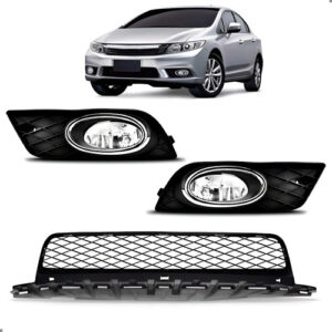 Tela Frontal Central E Par De Farol Milha Para Civic 12/14 Preto