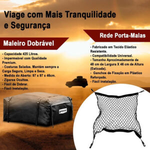 Kit Bagageiro Maleiro Teto Dobrável Imperm 380l + Rede Malas Preto