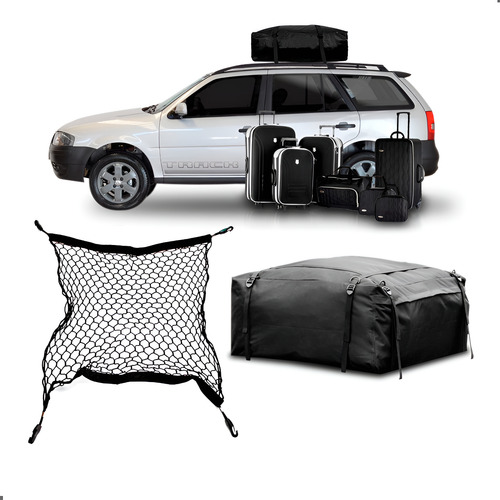 Kit Bagageiro Maleiro Teto Dobrável Imperm 380l + Rede Malas Preto