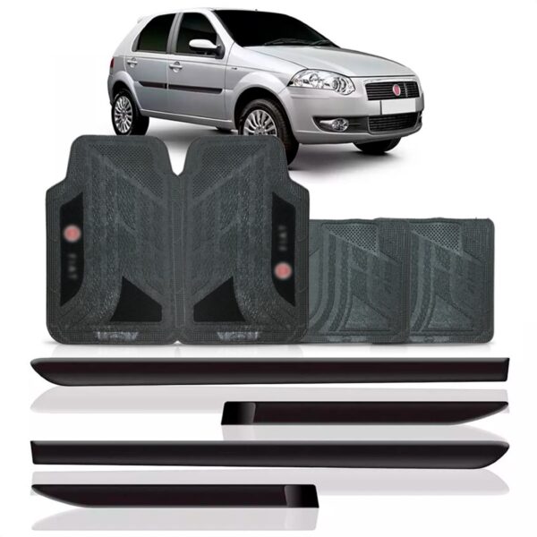 Friso Lateral Fiat Palio G4 2008 A 2015 4p + Jogo Tapete Pvc Preto