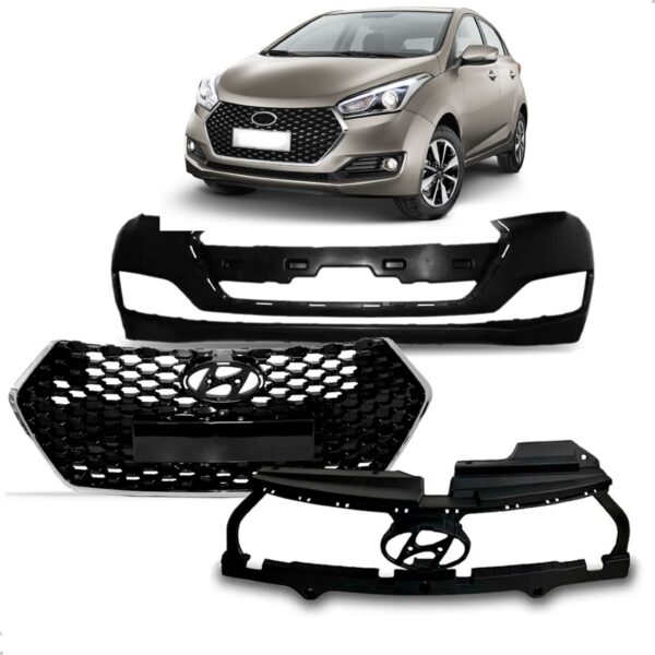 Kit Parachoque + Grade Friso Para Hb20 2016 2017 1a Linha  Preto