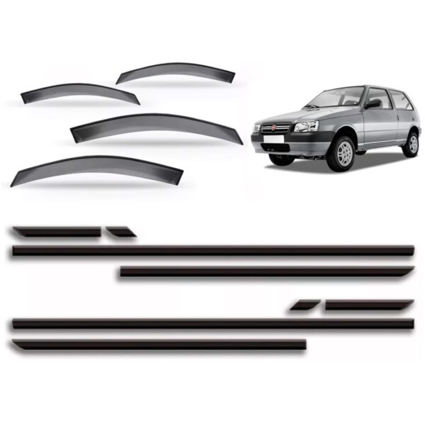 Kit Calha Chuva Fiat Uno 1992 Ate 2009 4p + Friso Lateral Fumê