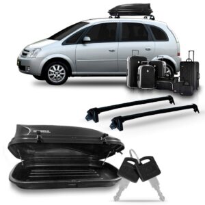 Kit Rack Meriva Aluminio Preto Com Bau Maleiro 350 Litros Preto