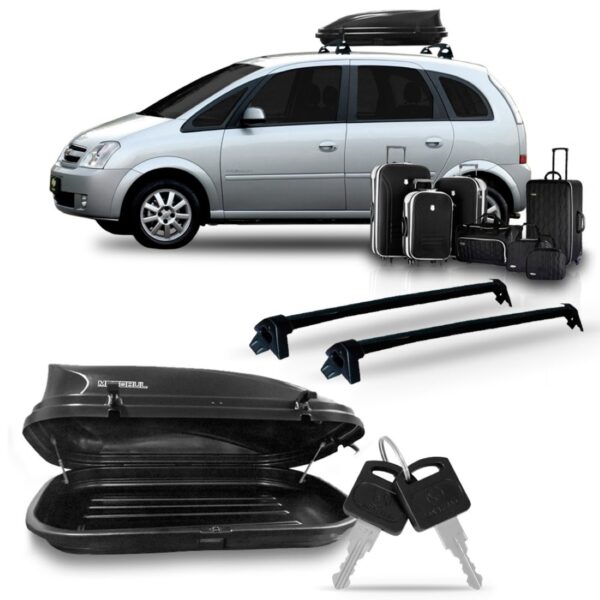 Kit Rack Meriva Aluminio Preto Com Bau Maleiro 350 Litros Preto