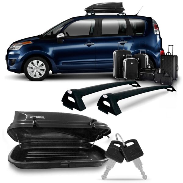 Kit Rack Picasso Aluminio Preto Com Baú Maleiro 350 Litros Preto