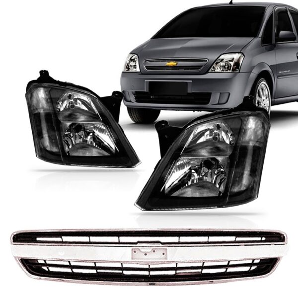 Kit Faróis Meriva Fume + Grade Frontal Prymer 2009 2010 2011
