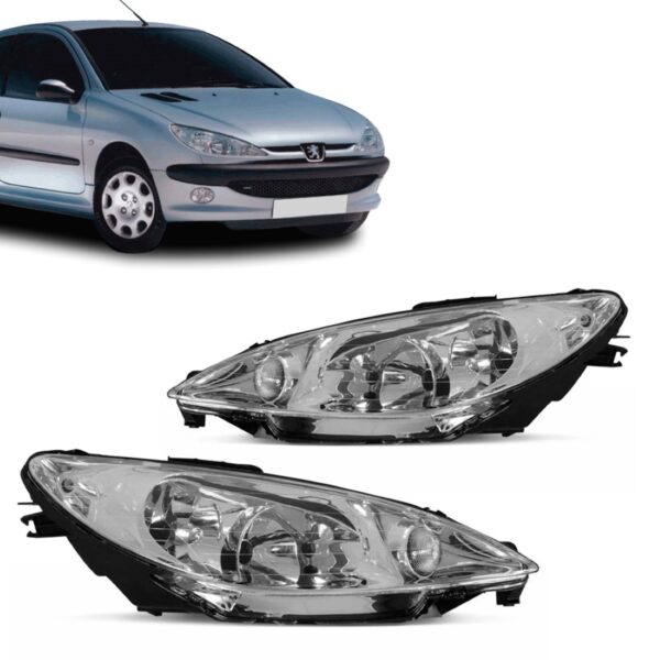 Par Farol Peugeot 206 2000 Até 2010 Cromado Foco Duplo Liso Direito E Esquerdo
