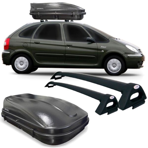 Bagageiro Teto Picasso Aluminio Preto + Maleiro 510 Litros Preto