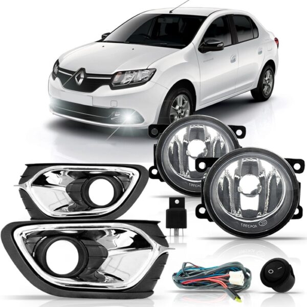 Kit Farol Milha Neblina Logan 2015 2016 Com Moldura Cromada.