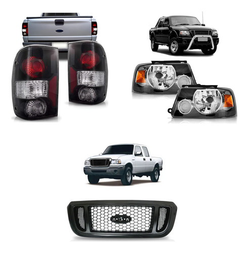 Kit Ranger 2005 A 2009: Par Lanterna Traseira Fumê + Grade Radiador Colmeia Preto + Par Farol Foco Duplo