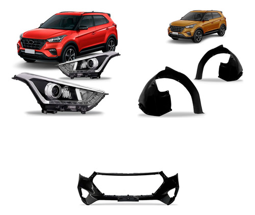 Kit Creta: Par Farol Manual 2017-2020 + Parachoque Dianteiro Preto 2017-2018 + Par Aparabarro 2017-2019