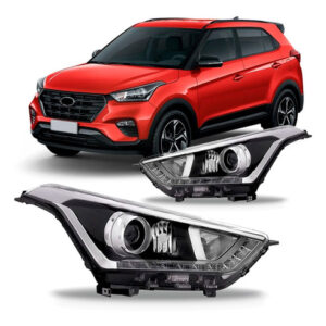 Kit Creta: Par Farol Manual 2017-2020 + Parachoque Dianteiro Preto 2017-2018 + Par Aparabarro 2017-2019