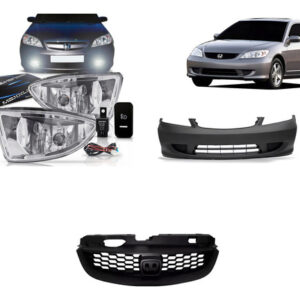 Kit Civic: Farol Milha Auxiliar Neblina 04-06 + Parachoque Dianteiro Preto 04-06 + Grade Coupe 04-05 Emblema Vermelho