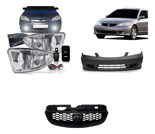 Kit Civic: Farol Milha Auxiliar Neblina 04-06 + Parachoque Dianteiro Preto 04-06 + Grade Coupe 04-05 Emblema Vermelho