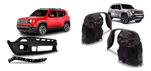 Kit Renegade: Parachoque Dianteiro Com Par Guias Preto + Par Parabarro Dianteiro 2015 A 2017
