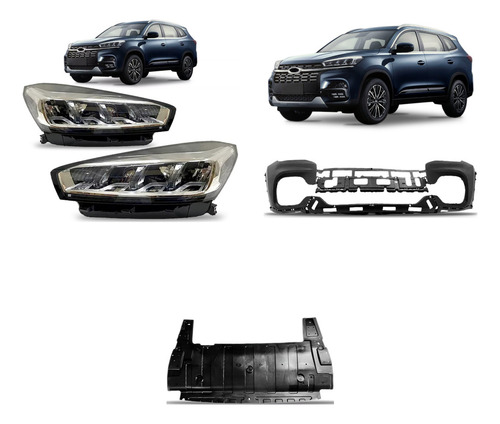 Kit Tiggo 8: Farol Elétrico Com Led 2021 A 2023 + Defletor Superior E Inferior + Envolvente Dianteiro