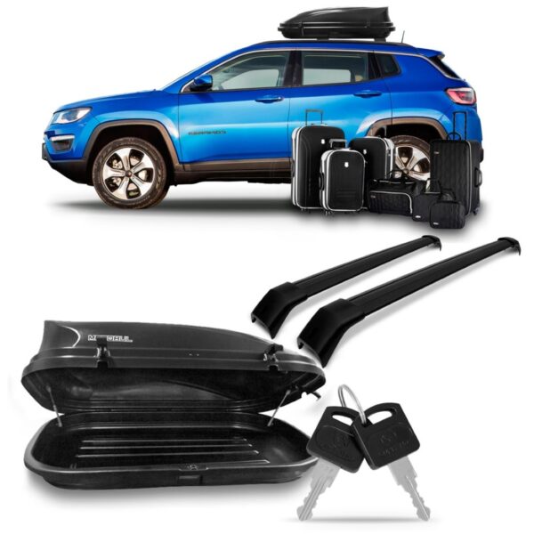 Jogo Suporte Jeep Compass Preta Com Bau Maleiro 350 Litros Preto