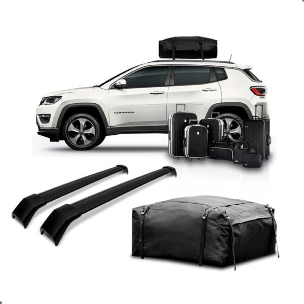 Kit Travessa Teto Jeep Compass + Maleiro Dobravel 380 Litros Preto