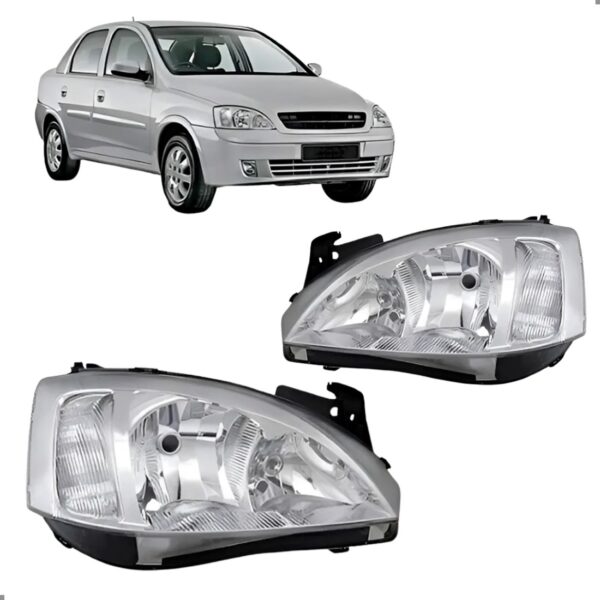 Par Farol Para Corsa 2003 A 2007 Cromado Lente Raiada Ambos Lados