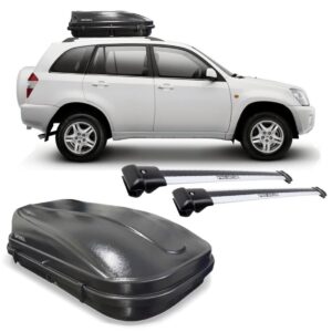 Jogo Bagageiro Tiggo Chery Aluminio + Bau Maleiro 510 Litros Preto