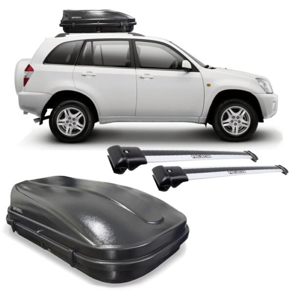 Jogo Bagageiro Tiggo Chery Aluminio + Bau Maleiro 510 Litros Preto