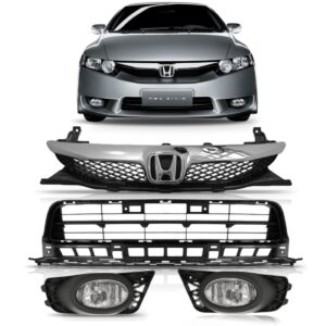 Kit New Civic 2009 Á 2011 Grade Inferior + Superior + Milha Preta Ambos Lados